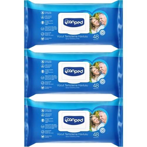Canped Hasta Vücut Perine Temizleme Islak Mendil Havlu 48 Yaprak XL (3 Lü Set) Plastik Kapaklı