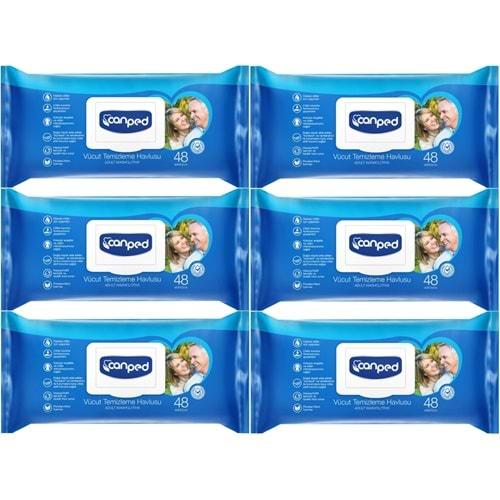 Canped Hasta Vücut Perine Temizleme Islak Mendil Havlu 48 Yaprak XL (6 Lı Set) Plastik Kapaklı