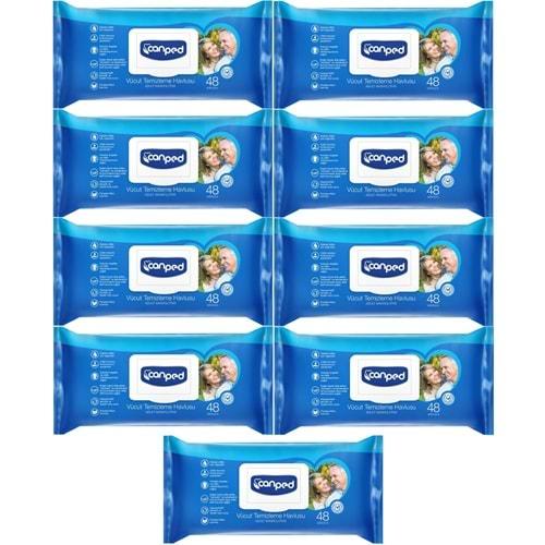 Canped Hasta Vücut Perine Temizleme Islak Mendil Havlu 48 Yaprak XL (9 Lu Set) Plastik Kapaklı