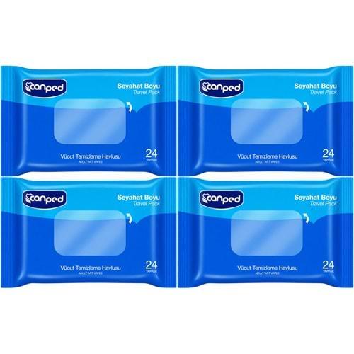 Canped Yetişkin Vücut Temizleme Islak Mendil Havlu 24 Yaprak Seyahat Boy 4 Lü Set (96 Yaprak)