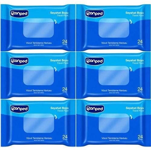 Canped Yetişkin Vücut Temizleme Islak Mendil Havlu 24 Yaprak Seyahat Boy 6 Lı Set (144 Yaprak)