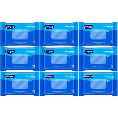 Canped Yetişkin Vücut Temizleme Islak Mendil Havlu 24 Yaprak Seyahat Boy 9 Lı Set (216 Yaprak)