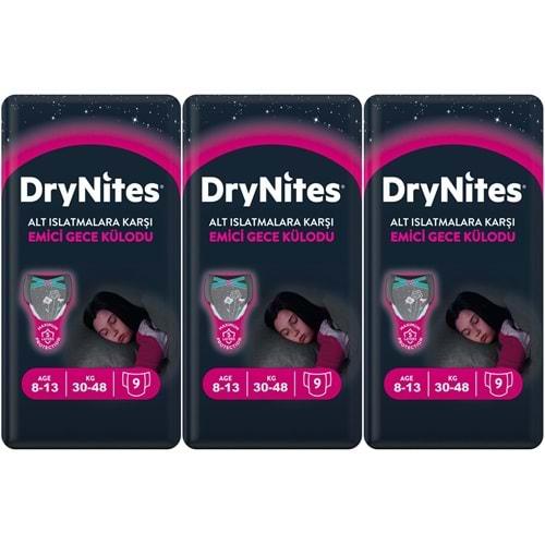 Drynites Emici Gece Külodu/Külot Bez Kız 8-13 Yaş 30-48KG Large 27 Adet 3PK*9 Alt Islatmalara Karşı