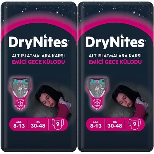 Drynites Emici Gece Külodu/Külot Bez Kız 8-13 Yaş 30-48KG Large 18 Adet 2PK*9 Alt Islatmalara Karşı