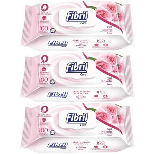 Fibril Islak Havlu Mendil 100 Yaprak Gül Plastik Kapaklı (3 Lü Set) 300 Yaprak