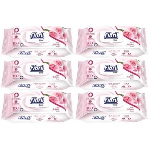 Fibril Islak Havlu Mendil 100 Yaprak Gül Plastik Kapaklı (6 Lı Set) 600 Yaprak