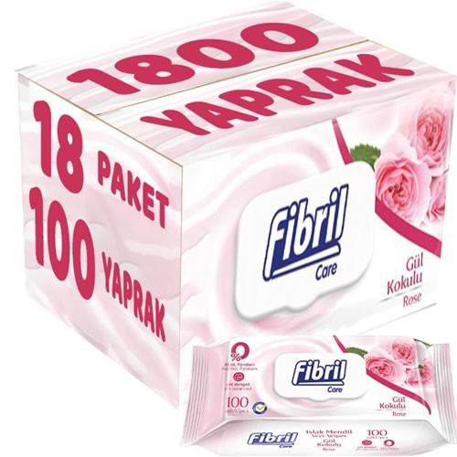 Fibril Islak Havlu Mendil 100 Yaprak Gül Plastik Kapaklı (18 Li Set) 1800 Yaprak