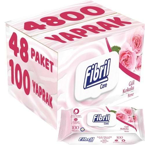 Fibril Islak Havlu Mendil 100 Yaprak Gül Plastik Kapaklı (48 Li Set) 4800 Yaprak