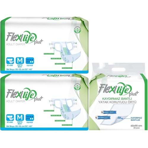 Flexi Life Yetişkin Hasta Bezi Bel Bantlı Tekstil Yüzeyli Orta 60 Adet + Yatak Koruyucu Örtü 30 Adet