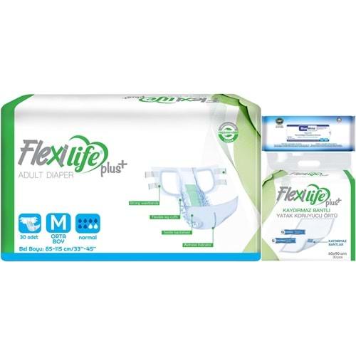 Flexi Life Yetişkin Hasta Bezi Bel Bantlı Tekstil Yüzeyli Orta 30 Adet + Yatak Koruyucu + Havlu