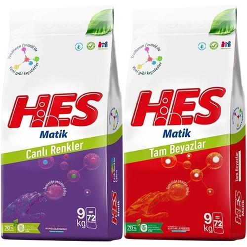 HES Matik Toz Çamaşır Deterjanı Karma 18KG Color/Renkliler-White/Beyazlar (144 Yıkama) (2PK*9KG)