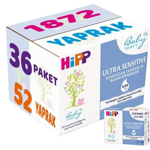 Hipp Baby Sanft Islak Havlu Mendil 52 Yaprak Ultra Sensitive Yenidoğan 36Lı Set (12PK*3) 1872 Yaprak