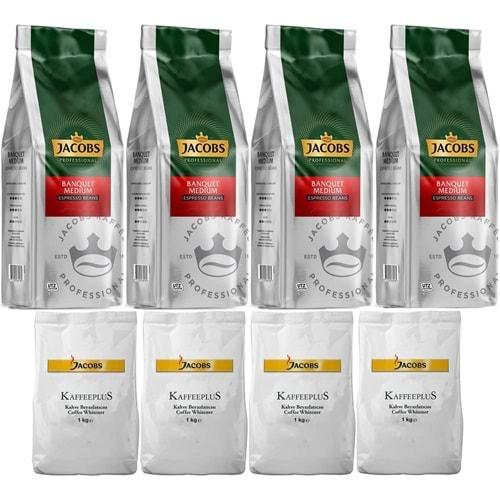 Jacobs Medium Çekirdek Kahve 1KG (Espresso Beans) & Kaffeeplus Süt Tozu 1KG (Karma 8 Li Set)