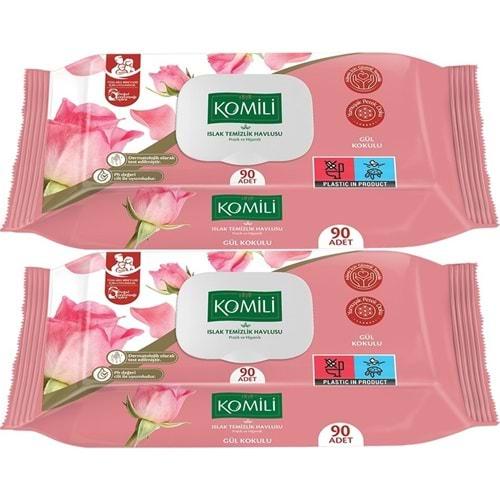 Komili Islak Havlu Mendil 90 Yaprak Gül Kokulu (2 Li Set) Pratik Kapaklı (180 Yaprak)