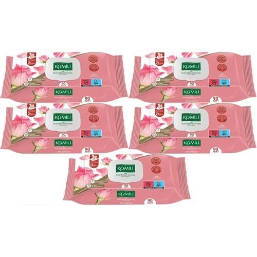 Komili Islak Havlu Mendil 90 Yaprak Gül Kokulu (5 Li Set) Pratik Kapaklı (450 Yaprak)