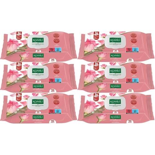 Komili Islak Havlu Mendil 90 Yaprak Gül Kokulu (6 Lı Set) Pratik Kapaklı (540 Yaprak)