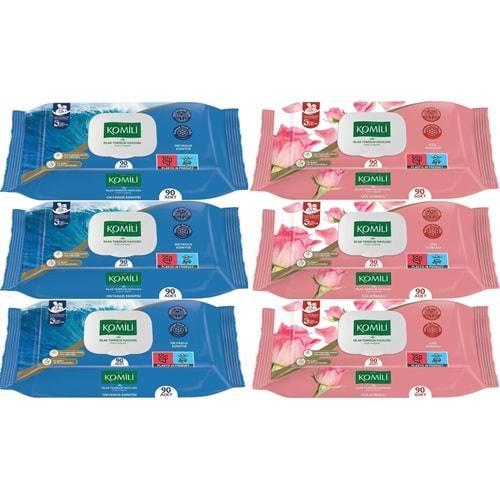 Komili Islak Havlu Mendil 90 Yaprak Karma 6 Lı Set (Okyanus Esintisi-Gül Kokulu) 540 Yaprak
