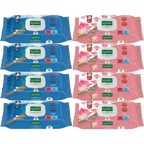 Komili Islak Havlu Mendil 90 Yaprak Karma 8 Li Set (Okyanus Esintisi-Gül Kokulu) 720 Yaprak