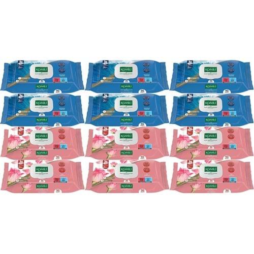 Komili Islak Havlu Mendil 90 Yaprak Karma 12 Li Set (Okyanus Esintisi-Gül Kokulu) 1080 Yaprak