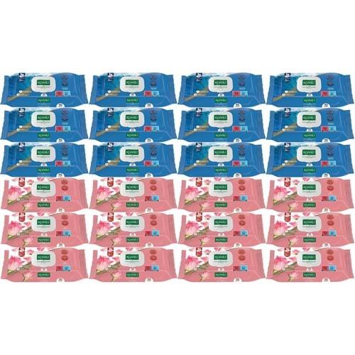 Komili Islak Havlu Mendil 90 Yaprak Karma 24 Lü Set (Okyanus Esintisi-Gül Kokulu) 2160 Yaprak