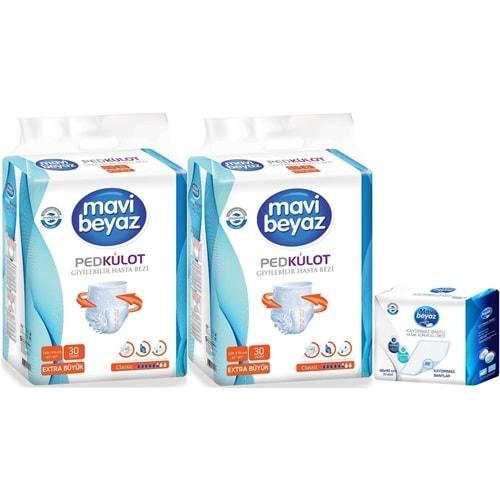 Mavi Beyaz Ped Emici Külot Hasta Bezi XL-Ekstra Büyük 60 Adet + Yatak Koruyucu Örtü 60*90CM 30 Adet