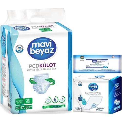 Mavi Beyaz Ped Emici Külot Hasta Bezi M 30 Adet + Yatak Koruyucu 30 Adet + Temizleme Havlusu 1 Pk