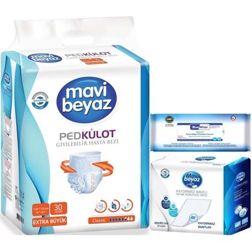 Mavi Beyaz Ped Emici Külot Hasta Bezi XL 30 Adet + Yatak Koruyucu 30 Adet + Temizleme Havlusu 1 Pk