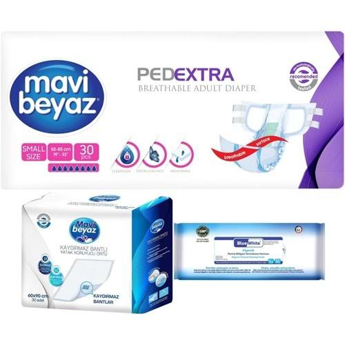 Mavi Beyaz Ped Ekstra Tekstil Yüzeyli Yetişkin Bel Bantlı Hasta Bezi S 30 Adet+ Yatak Korucu + Havlu