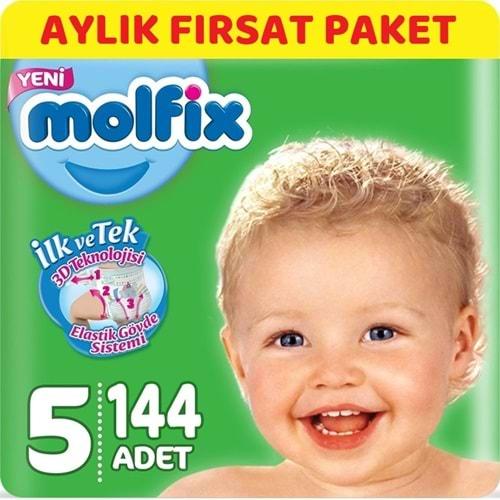 Molfix Bebek Bezi Beden:5 (11-18Kg) Junior 144 Adet Aylık Fırsat Pk + 9 Adet Islak Havlu