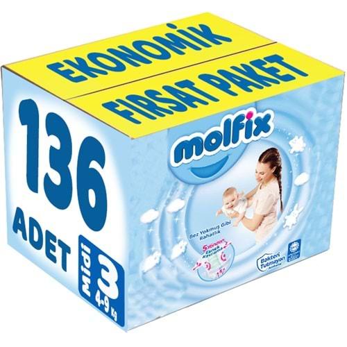 Molfix Bebek Bezi Beden:3 (4-9Kg) Midi 136 Adet Ekonomik Fırsat Pk