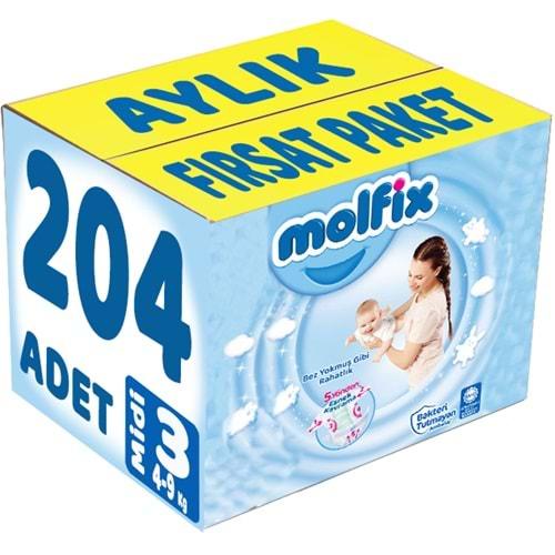 Molfix Bebek Bezi Beden:3 (4-9Kg) Midi 204 Adet Aylık Fırsat Pk