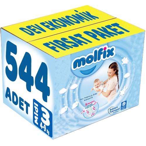 Molfix Bebek Bezi Beden:3 (4-9Kg) Midi 544 Adet Dev Ekonomik Fırsat Pk