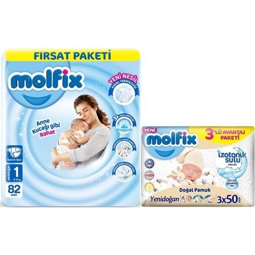 Molfix Bebek Bezi Beden:1 (2-5KG) Yeni Doğan 82 Adet Fırsat Pk + 3 Adet Islak Mendil