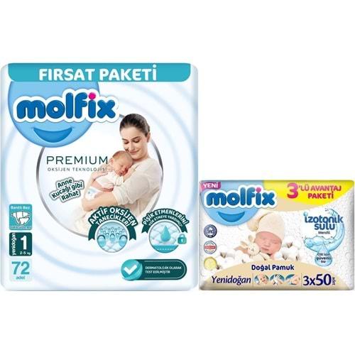 Molfix Premium Bebek Bezi Beden:1 (2-5KG) Yeni Doğan 72 Adet Fırsat Pk + 3 Adet Islak Mendil