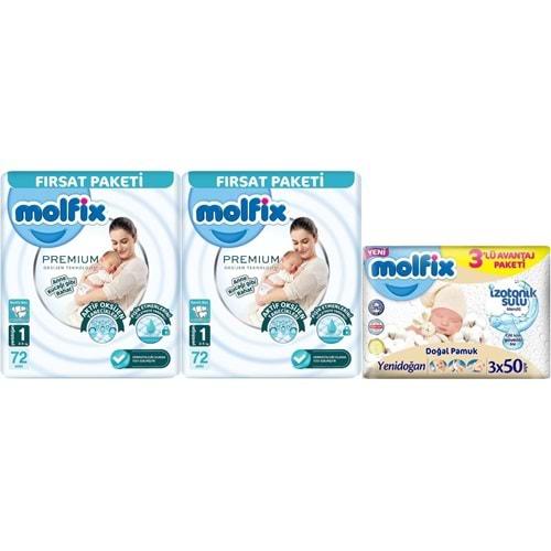 Molfix Premium Bebek Bezi Beden:1 (2-5KG) Yeni Doğan 144 Ad Ekonomik Ultra Fırsat Pk + 3 Adet Mendil