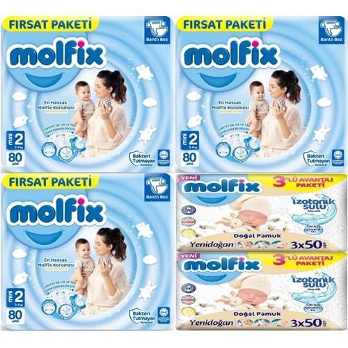 Molfix Bebek Bezi Beden:2 (3-6Kg) Mini 240 Adet Aylık Fırsat Pk + 6 Adet Islak Mendil