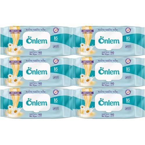 Önlem Islak Havlu Mendil 90 Yaprak Papatya Özü (6 Lı Set) Plastik Kapaklı 540 Yaprak