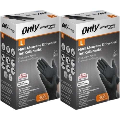 Only Evo Beyond Glove Nitril Siyah Pudrasız Muayene Eldiveni 200 Lü Set L - Large - Büyük (2PK*100)