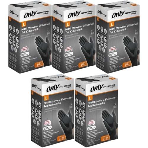 Only Evo Beyond Glove Nitril Siyah Pudrasız Muayene Eldiveni 500 Lü Set L - Large - Büyük (5PK*100)