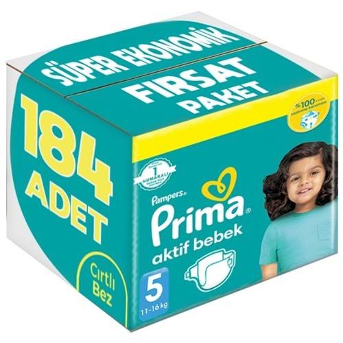 Prima Bebek Bezi Beden:5 (11-16Kg) Junior 184 Adet Süper Ekonomik Fırsat Pk