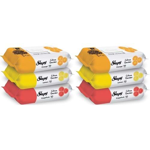 Sleepy Islak Havlu Mendil Meyve Çeşitleri 90 Yaprak (6 Lı Set) Plastik Kapaklı (Citrus Garden)