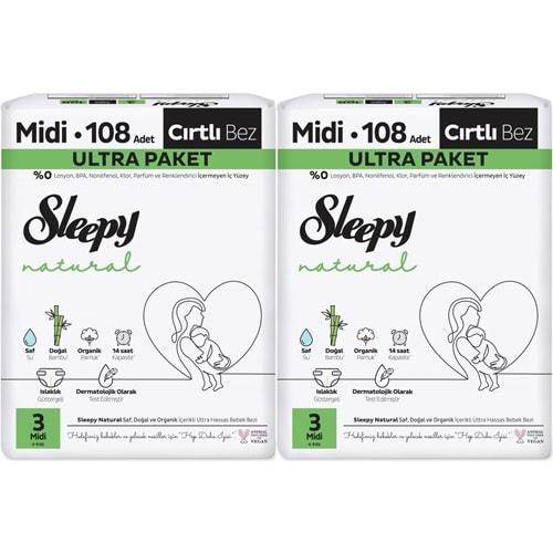 Sleepy Bebek Bezi Natural Beden:3 (4-9KG) Midi 216 Adet Ekonomik Ultra Pk