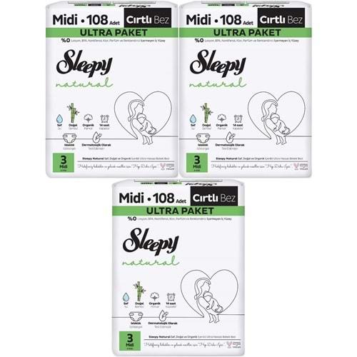 Sleepy Bebek Bezi Natural Beden:3 (4-9KG) Midi 324 Adet Aylık Ultra Pk