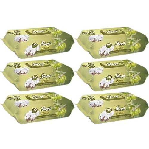 Sleepy Islak Havlu Mendil 90 Yaprak 6 Lı Set Pamuk&Zeytin Yağlı Plastik Kapaklı