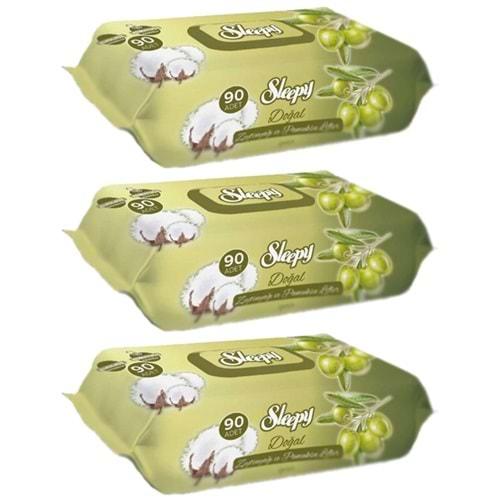 Sleepy Islak Havlu Mendil 90 Yaprak 3 Lü Set Pamuk&Zeytin Yağlı Plastik Kapaklı