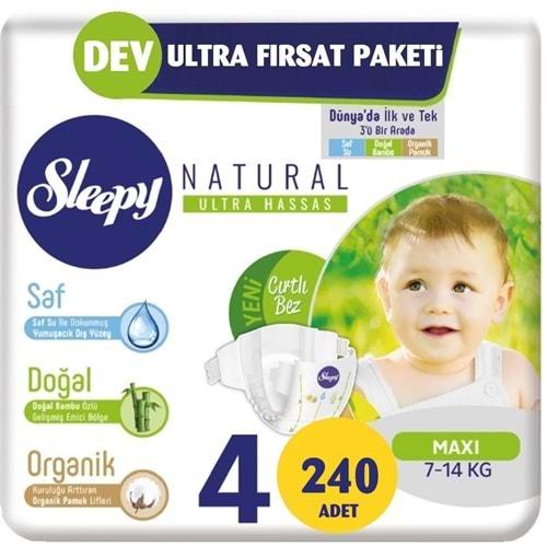 Sleepy Bebek Bezi Naturel Beden:4 (7-14Kg) Maxi 240 Adet 2 Li Jumbo Pk Serisi (4 Lü Set)