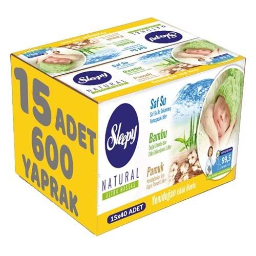 Sleepy Islak Havlu Mendil Pamuklu Yenidoğan Natural Bambu 40 Yaprak 15 Li Set (600 Yaprak)
