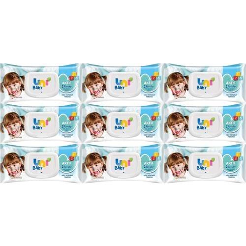 Uni Baby Islak Havlu Mendil 72 Yaprak Aktif (9 Lu Set) 648 Yaprak Plastik Kapaklı